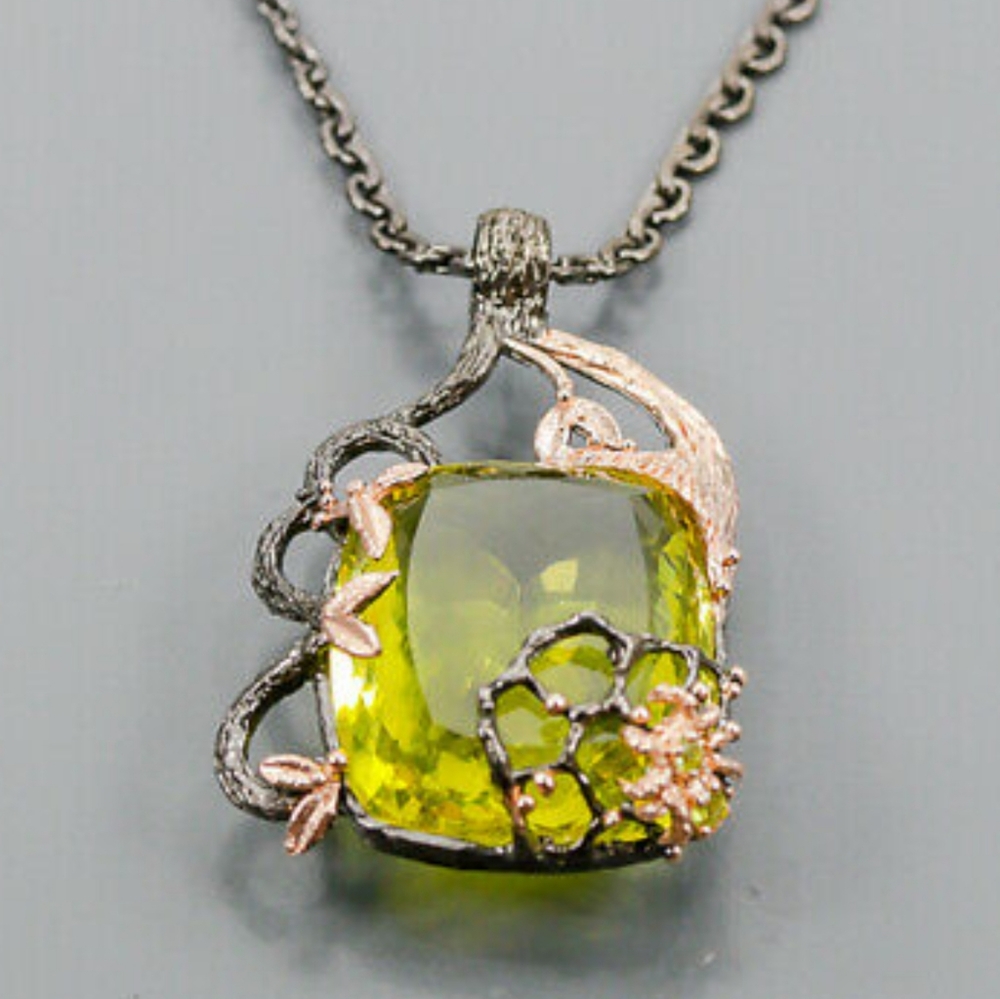 HOST PICK! HUGE 43.4k Yellow Quartz w/Peridot Spider Sterling & Rhodium 18" - Picture 8 of 15
